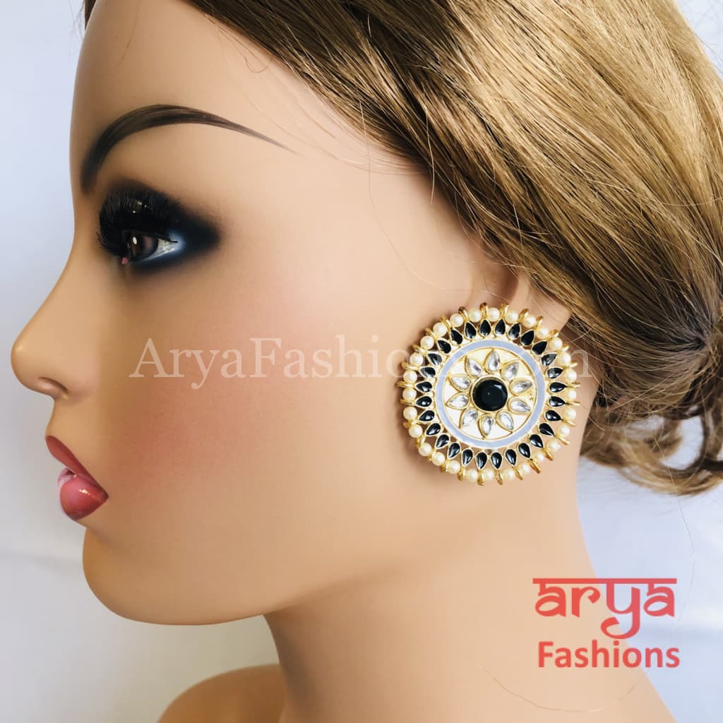 Big Round Embossed Pearl Beaded Gold Plated Kundan Ethnic Studs Earrings at  Rs 980/pair | Model Town | Jalandhar | ID: 11039687562
